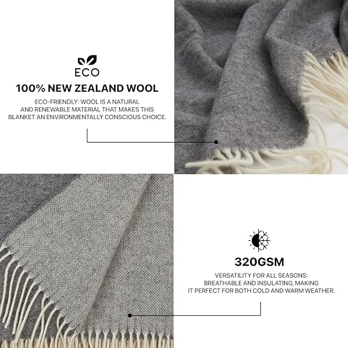 | Wool Blanket/Throw | 100% New Zealand Wool | Perfect for Home and Outdoors | Virgin Wool Throw with Fringes 75"x87" (190 x 220 cm) - color: Smoke Gray, size: Full