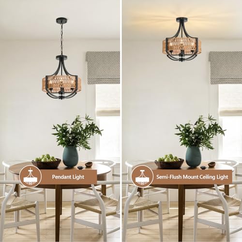 Rattan Modern Farmhouse Chandelier Small, 16.5" 4 Lights Boho Pendant Light with Hand Woven Wicker Shade, 4-Light Rustic Interior Ceiling Light Fixture for Foyer Hallway Entryway Kitchen Island - color: V-Weave Round Rattan, size: Small 4 light 16.5 inche