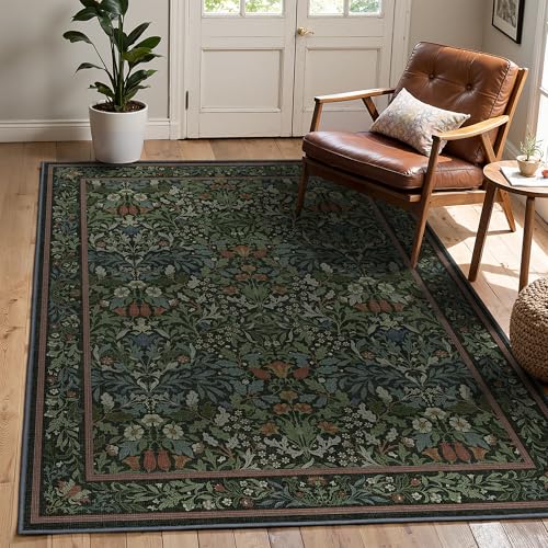 Bavni 4x6 Area Rugs for Living Room, Floral Rug Machine Washable Non Slip, Vintage Boho Forest Carpet, Soft Low Pile Thin Lightweight Rugs for Bedroom, Farmhouse, Dining Room Office, Dark Green - color: Dark Green, size: 4' x 6' (Rectangular)