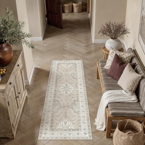 2x5 Washable Vintage Area Rug for Living Room Bedroom Beige Brown Non Slip Soft Tranditional Runner Rug Lightweight Floral Low Pile Doormat Entrance Dinning Laundry Room Kitchen Bathroom - color: Vintage | Beige Brown, size: 2'x5'