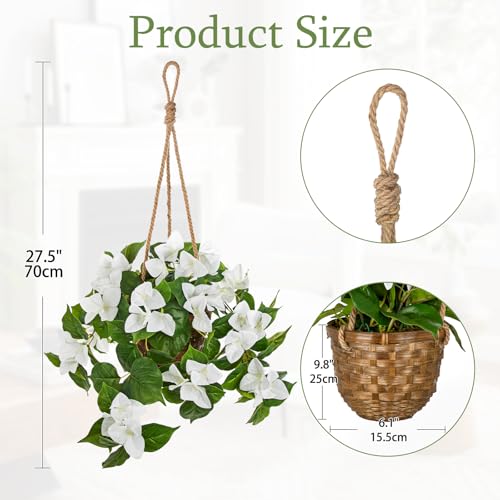 Briful Fake Hanging Basket Flowers, 27.5in Faux White Bougainvillea Flowers in Woven Rattan Planter with Cascading Vines for Home Garden Balcony Outdoor Porch Decor - color: White