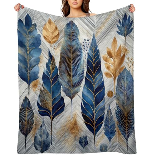 Blanket Luxury Feather Leaf Plant Blue Throw Blanket for Women Men, 30"x40" Golden Foliage Plush Flannel Throws, Decor for Bed Couch Bedroom - color: Luxury Feather Leaf Plant Blue, size: 30"x40"
