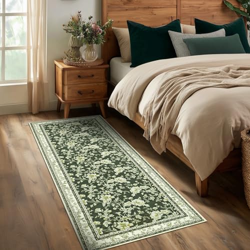 Olive Green Floral Print Area Rugs for Bedroom Living Room Boho Farmhouse Country Rustic Dining Room Carpet Soft Washable Rugs Non Slip Floor Covering for Nursery Playroom 2x6 - color: Sketch Floral Olive Green, size: 2' x 6' (Rectangular)