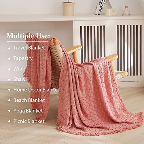 Simple&Opulence 100% Cotton Throw Blanket for Couch, Bed, Waffle Weave Knit Blanket with Tassels, Soft Lightweight Pre-Washed Breathable Comfy Blanket Farmhouse Decor for All-Season(Blush Pink) - color: B-blush Pink