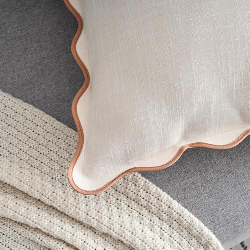 Scalloped Throw Pillow Covers 24x24 Inch Set of 2, Cotton & Linen, Boho Sytle Decorative Couch Bed for Living Room (Beige Pillow & Brown Edge) - color: Beige, size: 24" x 24" (Pack of 2)