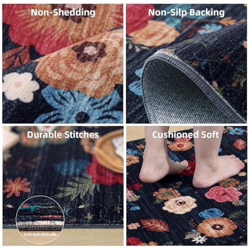 Machine Washable Runner Rug for Kitchen: 2'x6' Hallway Runner Rug Non Slip Low Pile Soft Faux Wool Carpet Runners Floral Floor Rug for Bedroom Entryway Bedroom Bathroom Laundry Room Home Office Indoor - color: Black Floral, size: 2' x 6' (Rectangular)