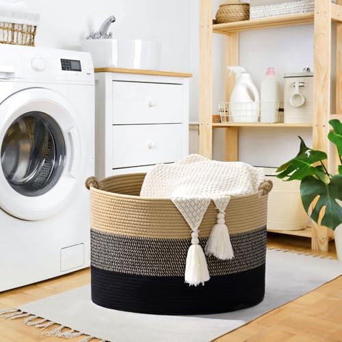 67L Large Blanket Basket, 20"x13" Woven Storage Baskets With Handle, Cotton Rope Blanket Basket Living Room, Baby Laundry hamper for Blanket, Nursery, Toy, Pillow (Brown & Black) - color: Brown & Black, size: 67L