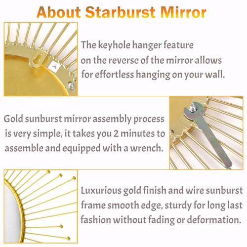 Large Gold Sunburst Mirror - 31" Starburst Wall Mirror with 12" Round Glass, Mid-Century Modern Elegant Gold Sun Mirrors for Living Room, Bedroom, Entryway Decor - size: 31"L x 31"W