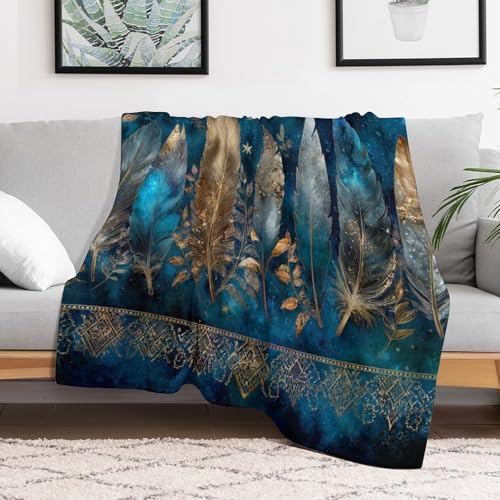 Blanket Bohemian Feather Leaf Blue Throw Blanket for Women Men, 30"x40" Galaxy Star Ornament Plush Flannel Throws, Decor for Bed Couch Bedroom - color: Bohemian Feather Leaf Blue, size: 30"x40"
