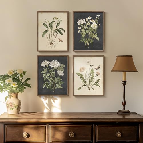 Framed Botanical Wall Art, 4 Piece Vintage Farmhouse Floral Canvas Painting Prints Artwork for Bathroom Walls, Rustic Flower Butterfly Pictures for Kitchen Bedroom Hallway Home Decor, 8x10 Inch - color: Vintage - Walnut Framed, size: 8" W x 10" H x 4pcs