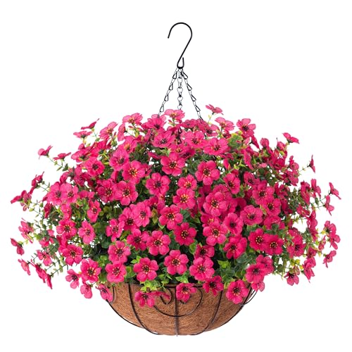 HyeFlora Artificial Fake Hanging Plants Flowers Basket for Outdoor Outside Porch Summer Decoration, Faux Silk Hotpink Dasiy UV Resistant Realistic in Planter for Home Patio Garden Yard - color: Rose Red