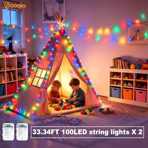 Pooqla 2 Pack String Lights Battery Operated, Total 66.6ft 200 LED Fairy Lights Indoor Outdoor Decorations, 8 Modes Colorful Battery Christmas Lights for Bedroom Classroom Porch Party Yard Decor - color: Colorful, size: 100 LED x2