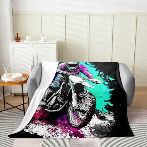 Motorcycle Fleece Throw Blanket Soft Cozy Geometric Honeycomb Flannel Blanket for Kids Women Adults Motocross Rider Plush Blankets for Sofa Bed Couch(60x80 Inches) - color: Black Purple, size: Twin