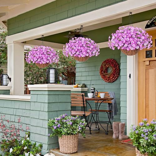 Artificial Faux Hanging Plants Flowers Basket for Outdoor Outside Spring Summer Decoration, Silk Purple Morning Glory in Planter UV Resistant Look Real Fake Flowers for Porch Patio Balcony Home Yard - color: Gradient Purple