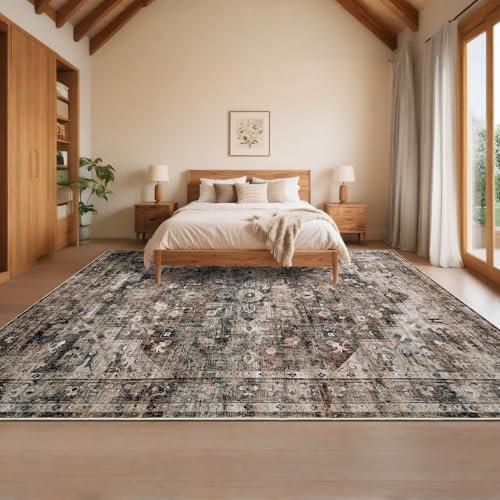 GarveeHome 9x12 Washable Rugs for Living Room Vintage Area Rug Non Slip Low Pile Distressed Rug Stain Resistant Large Bedroom Carpet Indoor Floor Cover for Dining Room Home Office Brown - color: Brown, size: 9' x 12' (Rectangular)