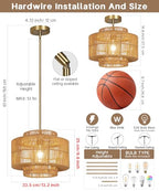 13" Boho Rattan Pendant Light Fixture, Hand Woven Wicker Hanging Lamp with Gold Ceiling Mount, Modern Farmhouse Lighting for Kitchen Island, Dining Room, Bedroom, Living Room, Entryway - color: Brown B