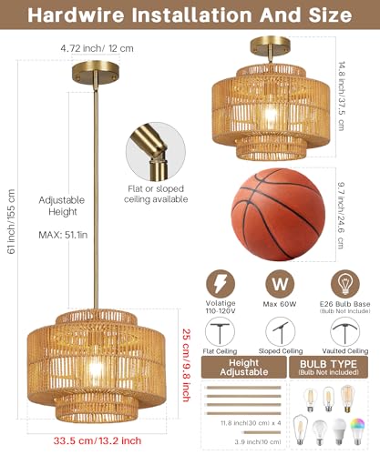 13" Boho Rattan Pendant Light Fixture, Hand Woven Wicker Hanging Lamp with Gold Ceiling Mount, Modern Farmhouse Lighting for Kitchen Island, Dining Room, Bedroom, Living Room, Entryway - color: Brown B
