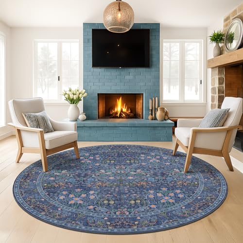 8ft Dark Blue Washable Living Room Rugs,Non Slip Big Round Area Rug for Dining Room, Non Skid with Rubber Backing, Boho Navy Blue Carpet for Bedroom Under Bed - color: Dark Blue, size: 8' (Round)