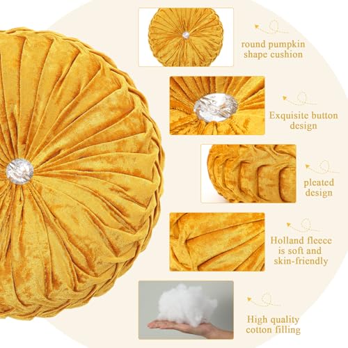 Drydiet 1 Pcs Round Throw Velvet Pillows Decorative Pleated Throw Pillows Diameter Accent Pumpkin Boho Chair Cushion for Couch Sofa Home Decoration (Velvet Gold,15'') - color: Velvet Gold, size: 15''