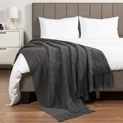 PAVILIA Dark Gray Knit Throw Blanket for Couch, Twin Bed, Soft Knitted Farmhouse Sofa Throw for Living Room, Lightweight Decorative Summer Blanket for Chair, Outdoor Textured Boho Blanket, 60x80 - color: Charcoal Gray, size: 60 X 80 Inches - Twin