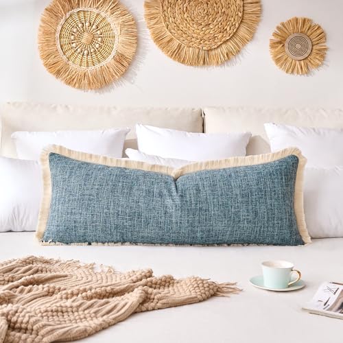 14x36 Pillow Covers Farmhouse Long Blue Boho Faux Linen Decorative Fringed Rustic Woven Textured Burlap Lumbar Pillow Covers for Bed Sofa Bedroom Living Room Home Decor Cushion Cover Pack of 1 - color: Blue, size: 36" x 14" (Pack of 1)