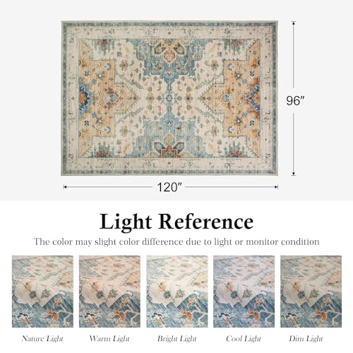 8x10 Area Rugs for Living Room, Machine Washable Area Rug, Low Pile Non Slip Vintage Boho Rug, Stain Resistant Carpet for Bedroom Dinning Room Nursery Farmhouse Office Home-Blue/Gold/Beige - color: Blue/Gold/Beige, size: 8' x 10' (Rectangular)