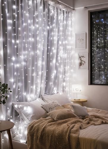 Brightown 300 LED Fairy Curtain Lights, 9.8ft x 9.8ft String Lights, USB Plug in 8 Lighting Modes Christmas String Hanging Lights with Remote for Bedroom Indoor Outdoor Party Xmas White 1 Pack - color: White, size: 1 Pack-300 LED-USB Plug