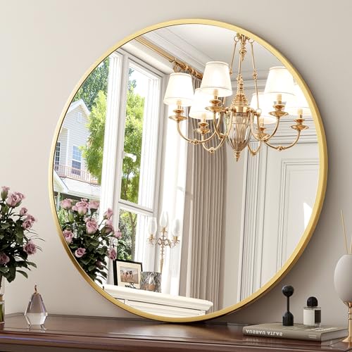 XRAMFY 20 Inch Round Mirror - Circle Mirrors for Bathroom, Entryway and Living Room Wall Decor, Modern Hanging Vanity Mirror, Matte Gold Circle Decorative Wall Mirror - color: Round-gold, size: 21"L x 21"W