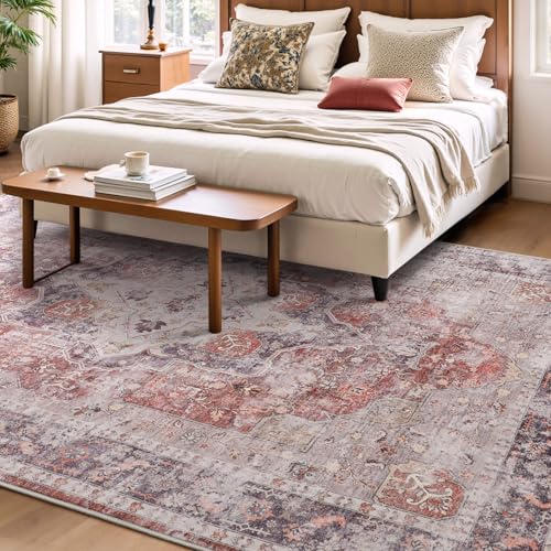 YOH Boho Washable Rug 4x6, Rust Red Vintage Non Slip Area Rug, Distressed Indoor Carpet for Living Room Bedroom Kitchen Office - color: A-rust Red, size: 4' x 6' (Rectangular)