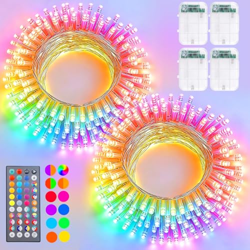 Pooqla 4 Pack Color Changing String Lights Battery Operated, Total 66.6ft 200 LED 34 Colors Battery Christmas Lights with Remote Indoor Outdoor Decorations Bedroom Classroom Porch Party Yard Decor - color: RGB (Red, Green, Blue), size: 50 LED x4