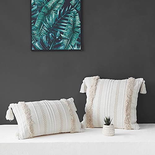 Decorative Lumbar Throw Pillow Covers for Sofa Couch Bedroom Living Room, Rectangle Pillow Sham with Tufted Tassels Bohemian Style Lumbar Pillowcases for Home Decoration, 12 x 20 Inch, Cream White - color: Cream White, size: 20" x 12" (Pack of 1)