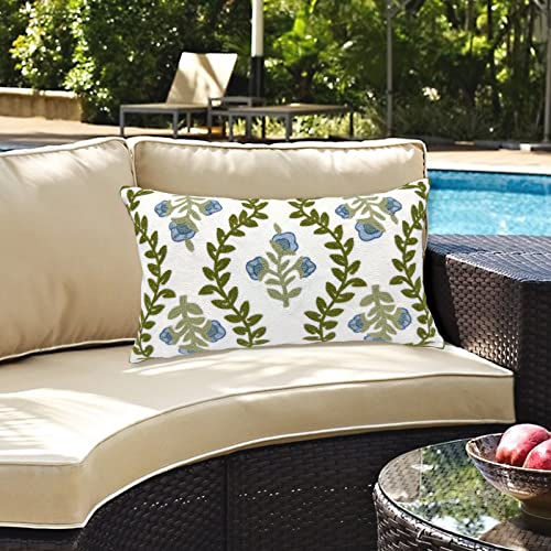 Alysheer Summer Floral Embroidered Decorative Throw Pillow Cover 12"x 20", Farmhouse Blue Flowers Green Leaves Patterned Cotton Canvas Lumbar Cushion Case for Sofa Couch Living Room Cottage Decor - color: Blue, size: 20" x 12" (Pack of 1)