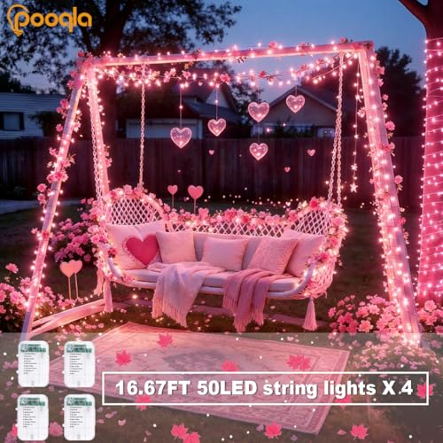Pooqla 4 Pack String Lights Battery Operated, Total 66.6ft 200 LED Fairy Lights Indoor Outdoor Decorations, 8 Modes Pink Battery Lights for Bedroom Classroom Porch Party Yard Wedding Decor - color: Pink, size: 50 LED x4