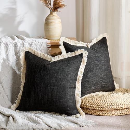 Boho Pillow Covers 18x18 Inch Faux Linen Couch Pillow Covers with Fringe Farmhouse Rustic Decorative Pillows Case Black Square Cushion Covers for Sofa Bedroom Living Room Home Decor Set of 2 - color: Black, size: 18" x 18" (Pack of 2)