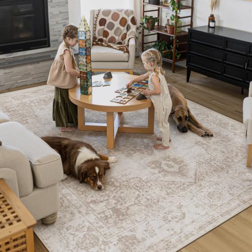 Area Rug 8x10 Vintage Rug: Large Washable Indoor Medallion Rugs Low Pile Distressed Floor Carpet Retro Accent Rug for Living Room Bedroom Kitchen Dining Table Home Office(Beige, 8'x10') - color: Beige, size: 8' x 10' (Rectangular)