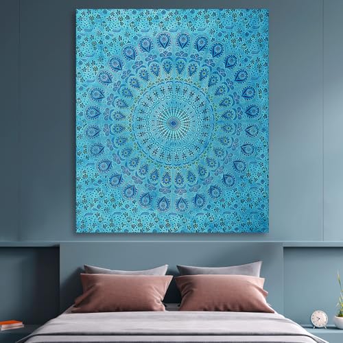 FURNISHFUL FINESSE Handmade Cotton Peacock Mandala Tapestry - Vibrant Turquoise Ombre Boho Wall Decor, Bohemian Hippie Room Hanging for Bedroom & Living Room - 50X60 Inches - color: Turquoise, size: 60"L x 50"W