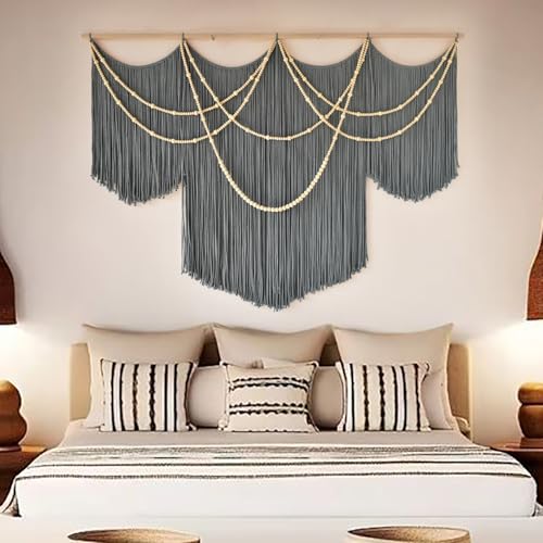 Flber Macrame Wall Hanging Boho Wall Art Beads Tassels Modern for Living Room Bedroom Large Geometric Wall Decor 57" W x 39" L - color: Gray1