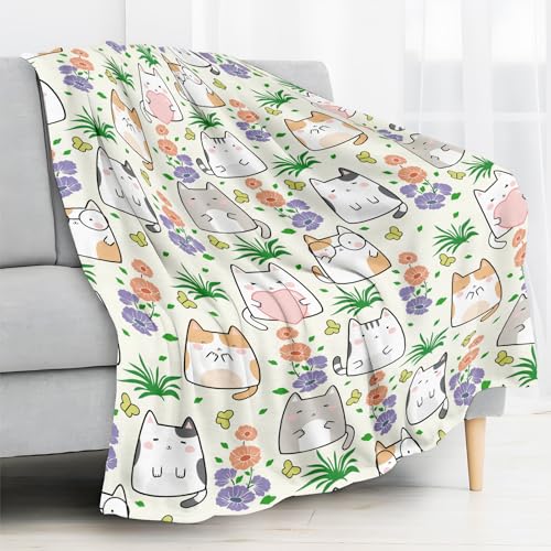 Throw Blanket for Couch, 300GSM Warm Soft Cozy Flannel Blanket, Cute Blanket for All Seasons Bedroom Home Decor Gifts, Cute Flower Cats 50x60 Inches - color: Cute Flower Cats