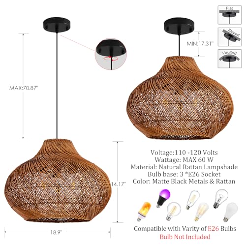 3-Light Dark Brown Rattan Pendant Light,18.9" Rustic Hanging Light,Round Curry Wicker Pendant Light Hand-Woven Rattan Chandelier for Workplace Dining Living Bedroom Kitchen Farmhouse - color: Brown, size: 18.9" 3-Light