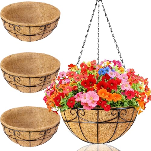 3 Pack 12 Inch Hanging Baskets for Plants Outdoor - Metal Hanging Planters for Outdoor Plants with Coco Liners - Heavy Duty Empty Hanging Flower Pots for Porch Patio Garden - size: 12 Inch