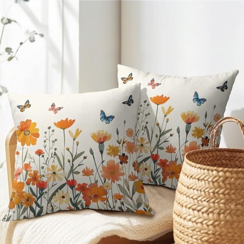 Fall Thanksgiving Floral Pillow Covers 16x16 Inches Orange Flower Butterflies Throw Pillow Case Set of 2 Autumn Decorative Pillow Cover Cotton Linen Cushion Cover for Home Couch Sofa Livingroom - color: Fall Floral, size: 16" x 16" (Pack of 2)
