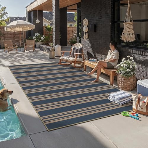 PureCozy Striped Easy Jute Rug 6x9 Blue Living Room Carpet Washable Non Slip Bedroom Office Rug Farmhouse Neutral Non Shedding Indoor Outdoor Large Carpet for Kitchen Dining Room - color: Blue/Striped, size: 6' x 9' (Rectangular)