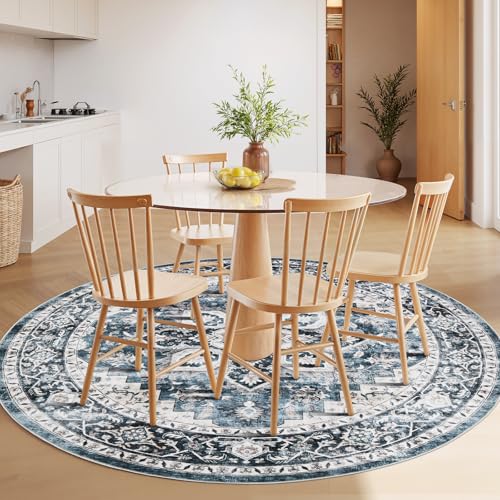 AMADA HOMEFURNISHING Round 4ft Area Rugs, Low-Profile Washable Rug with Non-Slip Backing & Durable Edge Binding, Vintage Rugs for Living Room, Bedroom, Dinning Room - color: Blue, size: 4' (Round)