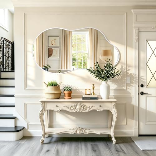 JJUUYOU Mirrors for Wall Metal Framed Decorative Irregular Large Mirrors 26"x47" Asymmetrical for Bathroom Bedroom Living Room Dressing Room Entryway White - color: White, size: 47"L x 26"W