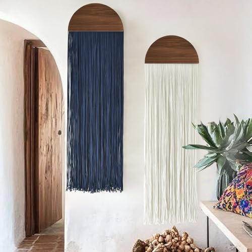 2 Pcs Macrame Wall Hanging Fiber Wall Art Boho Fringe Wall Decor Handmade Modern Textile Tapestry for Living Room Bedroom Apartment Scandinavian Home Decor 13.7" W x 51" L - color: Blue and Ivory