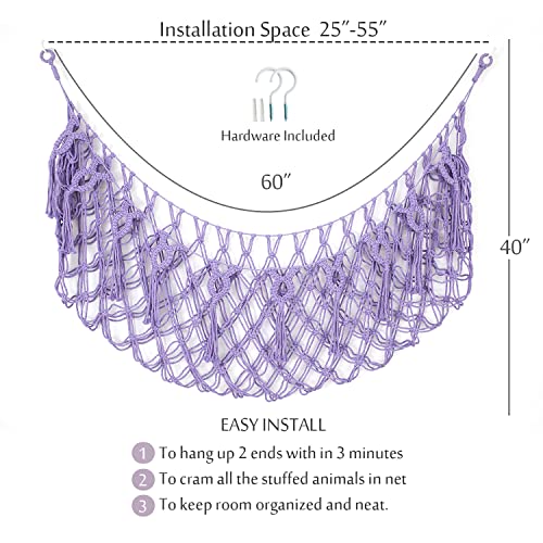 Stuffed Animal Net or Hammock for Flat Wall Hanging Net for Stuffed Animal Storage Handmade Macrame Plush Toy Hammock(Purple) - color: purple, size: 60" W