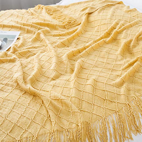 TREELY Knit Throw Blanket for Couch,Soft Knitted Blankets with Tassels Fringe 50" X 67.7", Decorative Lightweight Throws Blanket Farmhouse Bed Sofa Fall Outdoor, Yellow