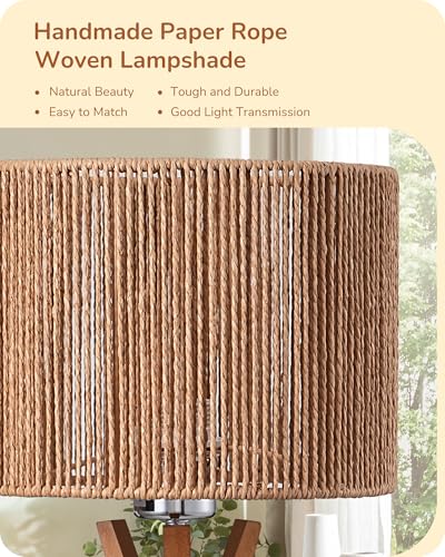 EDISHINE 17.5" Rattan Table Lamp, Wood Bedside Lamp with Handmade Paper Rope Woven Lampshade, Nightstand Lamp for Living Room, Bedroom, E26 Base, ON-Off Switch - color: Vertical Stripes