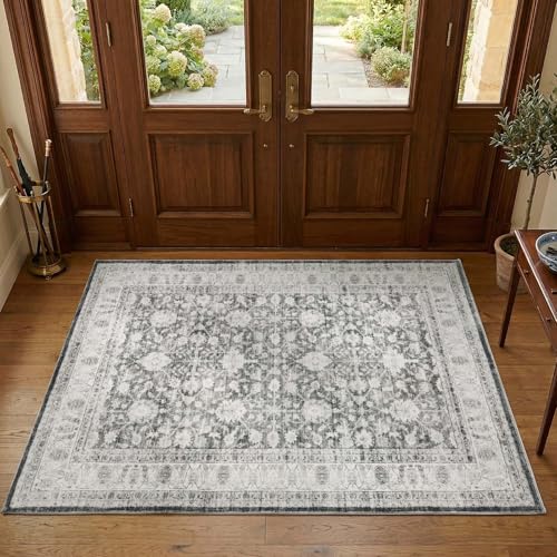 jinchan 4x6 Washable Vintage Area Rug, Distressed Traditional Floral Dining Room Rug, Soft Low-Pile Non-Slip Floor Mat for Bedroom Nursery Home Office Living Room, Grey - color: Oriental Grey, size: 4' x 6' (Rectangular)