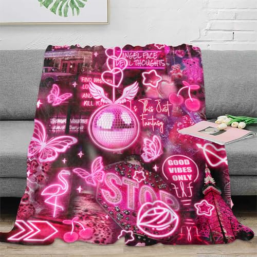 Blacklight Pink Collage Throw Blankets UV Reactive Aesthetic Throw Blanket Glow in the Dark Under Black Lights Game Room Decor Soft Throw Gifts 59x51 Inches - color: Bl Pink Collage